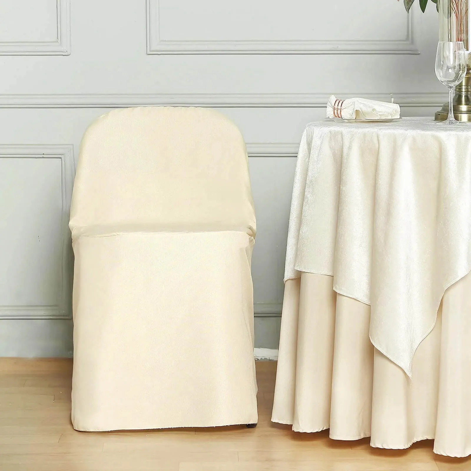 10 Pack Beige Polyester Folding Chair Covers, Reusable Stain Resistant Slip On Chair Covers