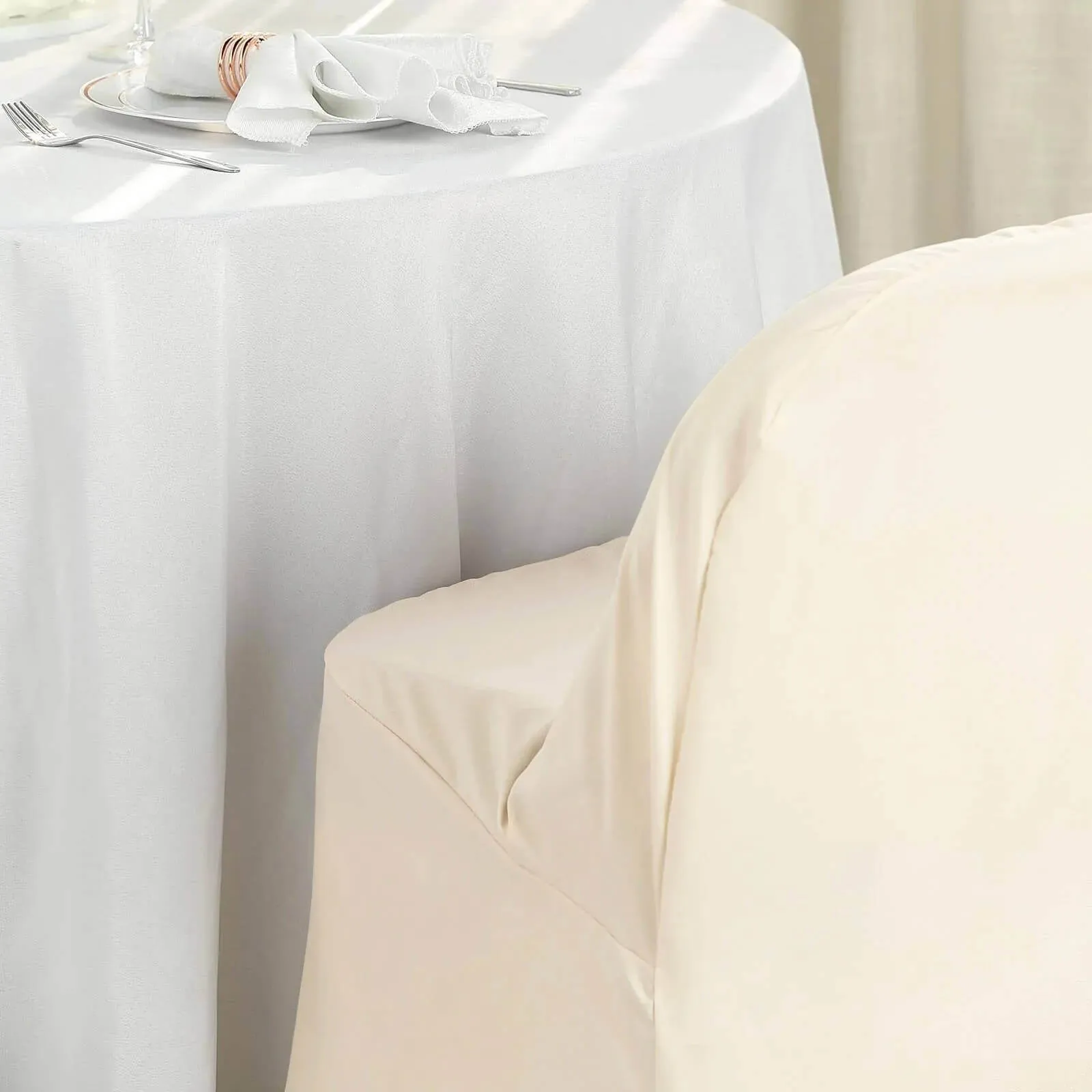 10 Pack Beige Polyester Folding Chair Covers, Reusable Stain Resistant Slip On Chair Covers