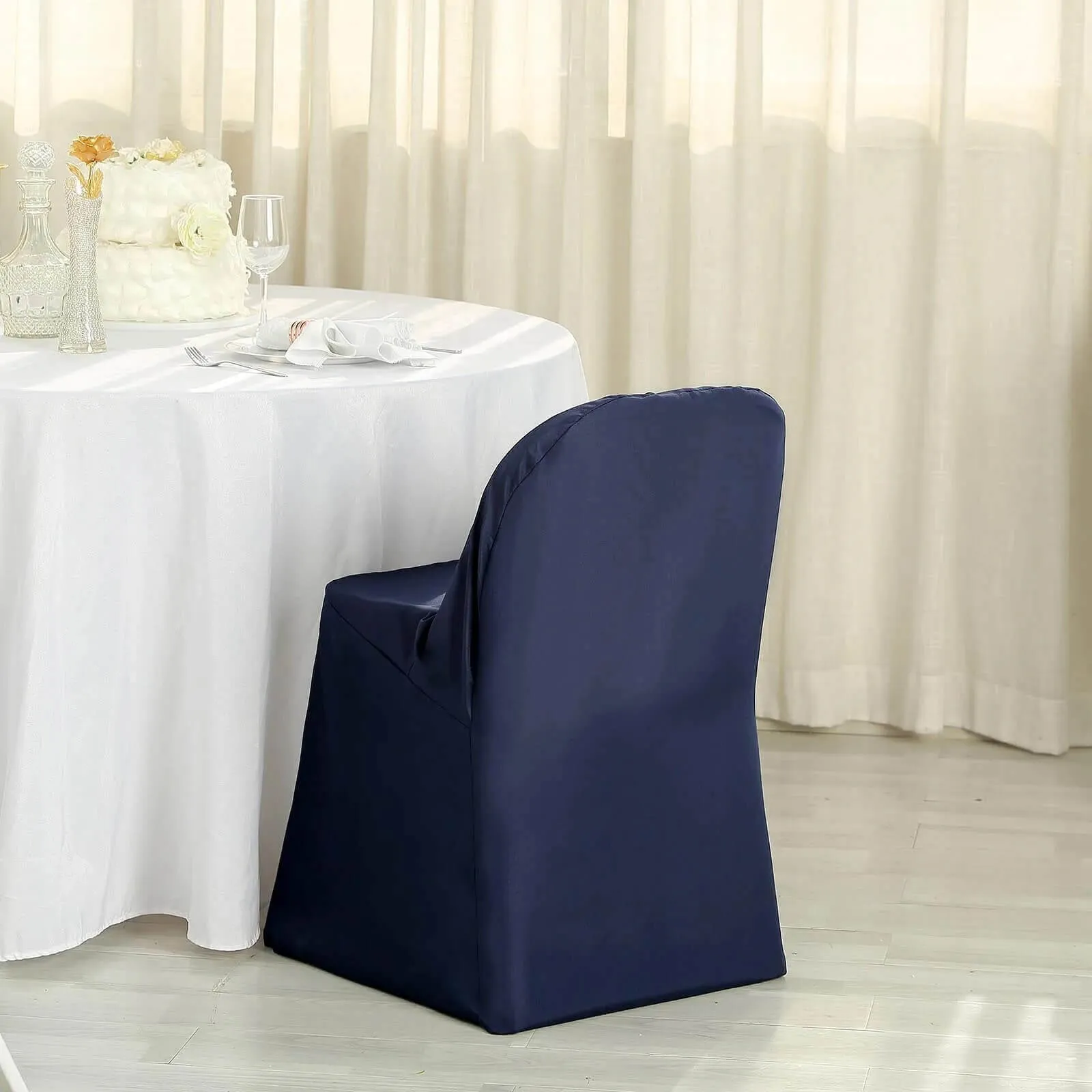 10 Pack Navy Blue Polyester Folding Chair Covers, Reusable Stain Resistant Slip On Chair Covers