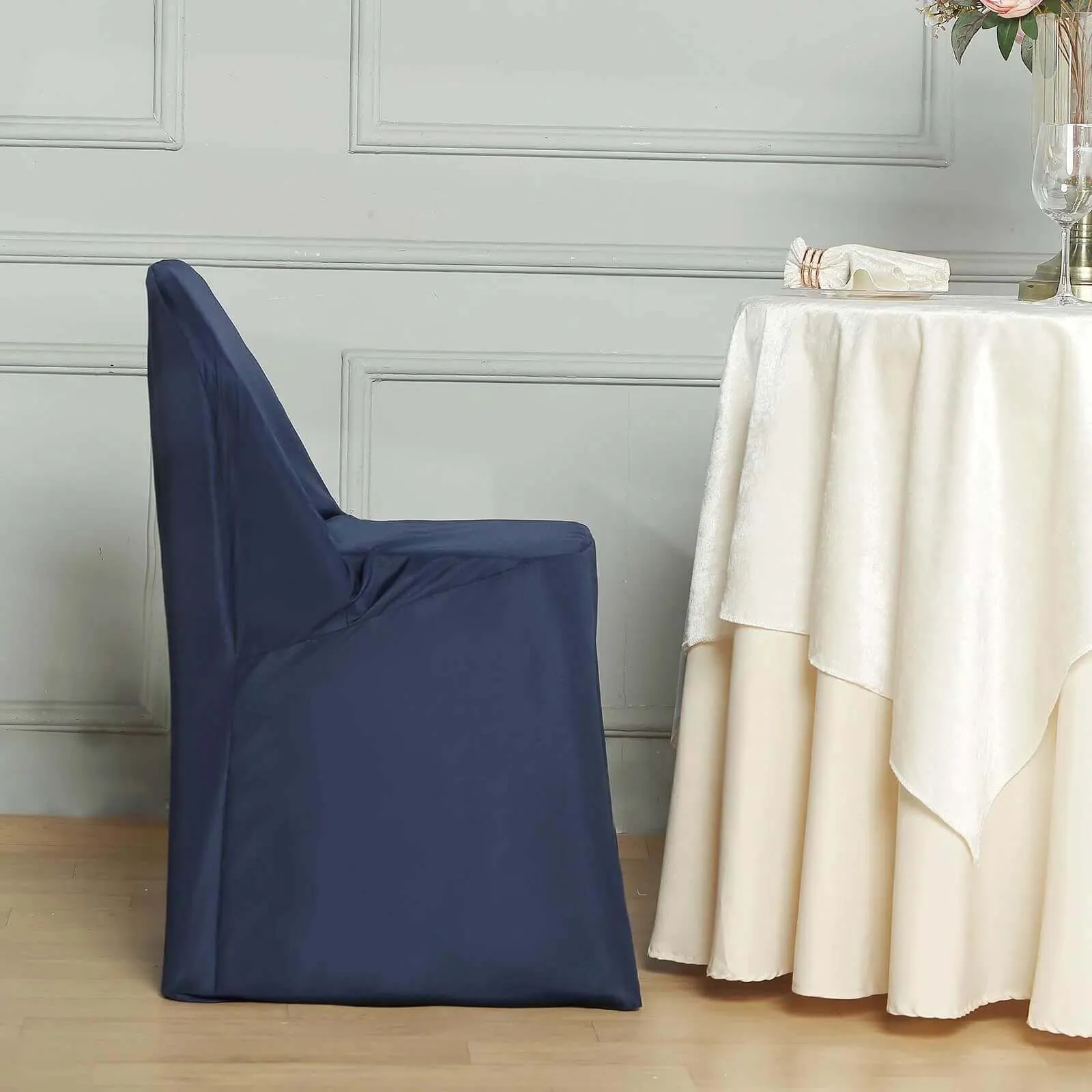 10 Pack Navy Blue Polyester Folding Chair Covers, Reusable Stain Resistant Slip On Chair Covers