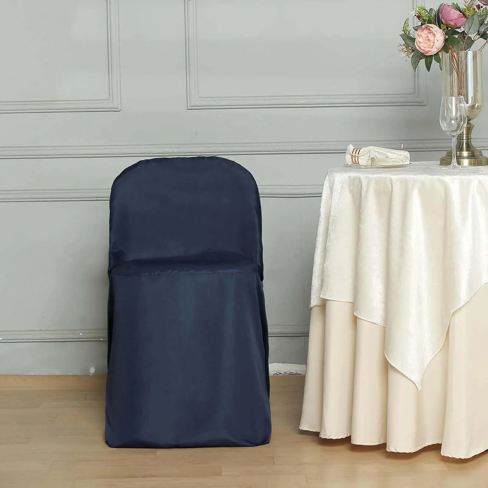 10 Pack Navy Blue Polyester Folding Chair Covers, Reusable Stain Resistant Slip On Chair Covers