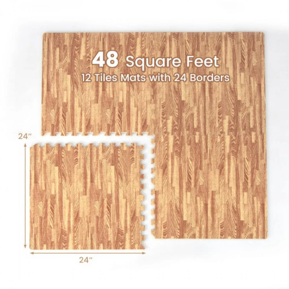 12 Tiles Wood Grain Foam Floor Mats with Borders