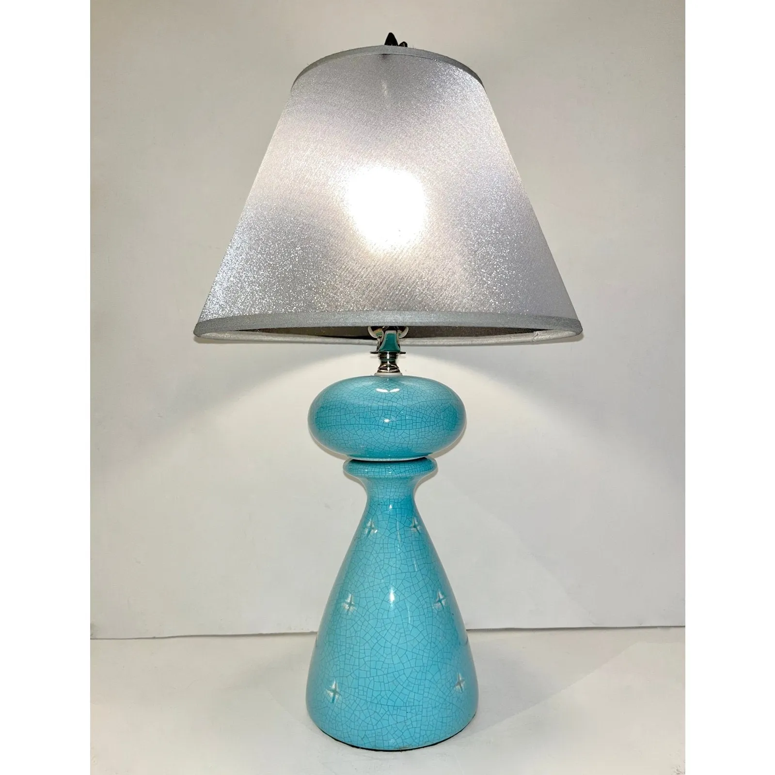 1960s French Pair of Aquamarine Blue Craquelure Glaze Ceramic Lamps with Stars