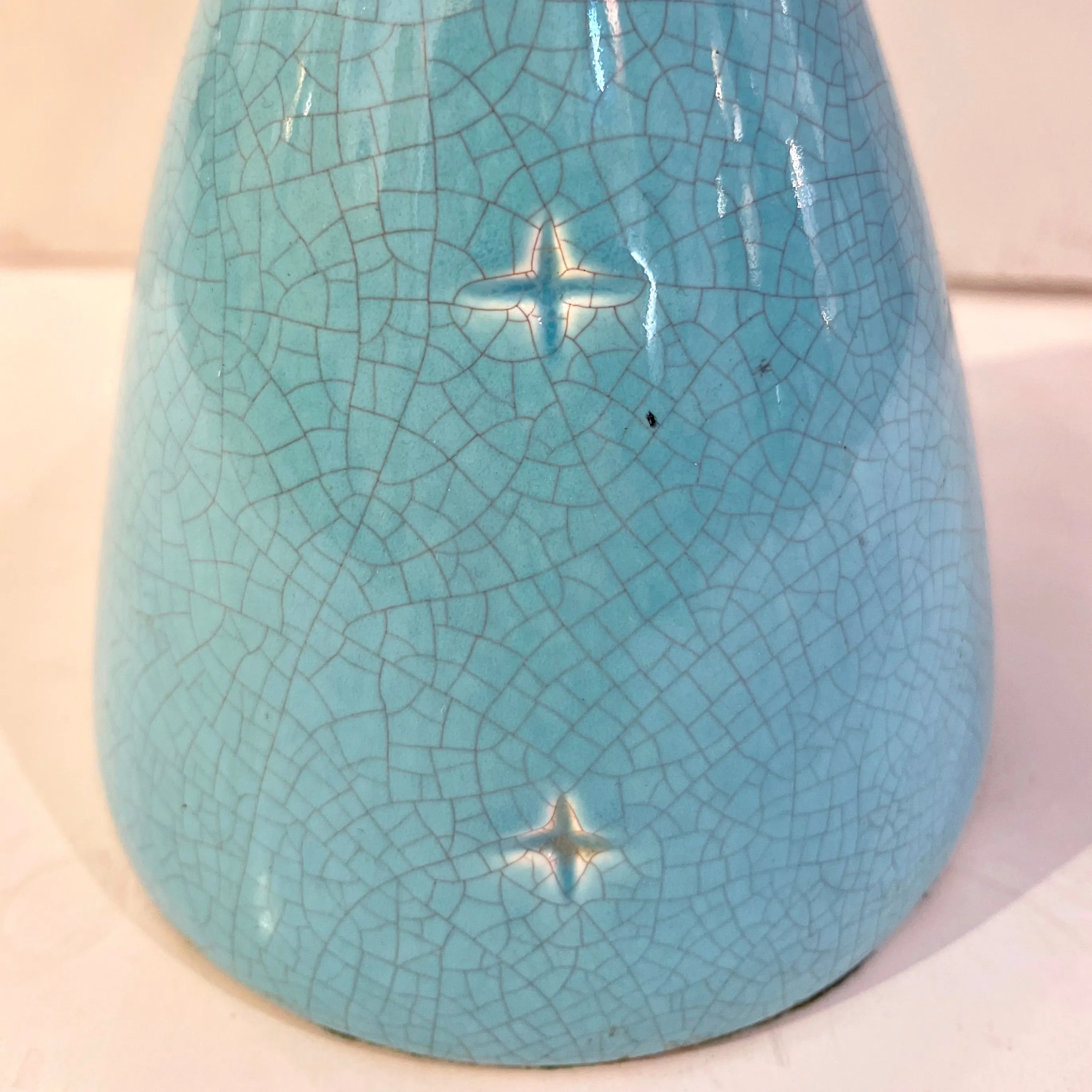 1960s French Pair of Aquamarine Blue Craquelure Glaze Ceramic Lamps with Stars