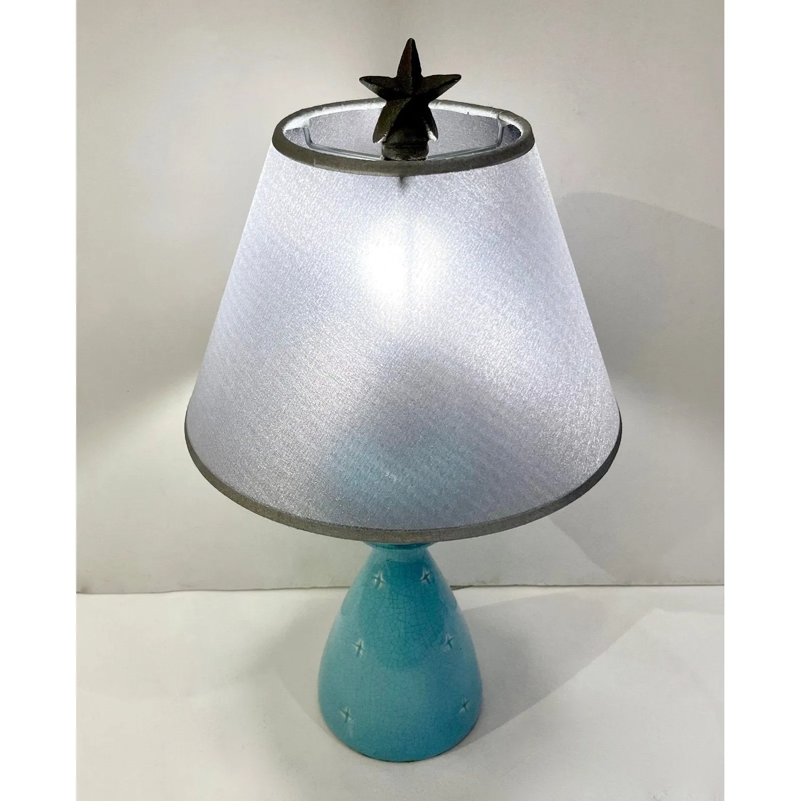 1960s French Pair of Aquamarine Blue Craquelure Glaze Ceramic Lamps with Stars