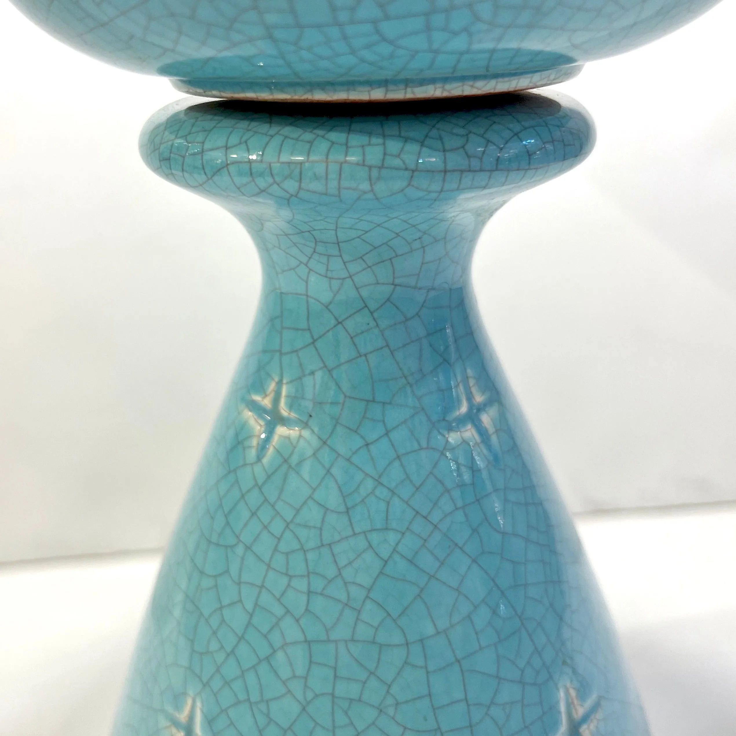 1960s French Pair of Aquamarine Blue Craquelure Glaze Ceramic Lamps with Stars