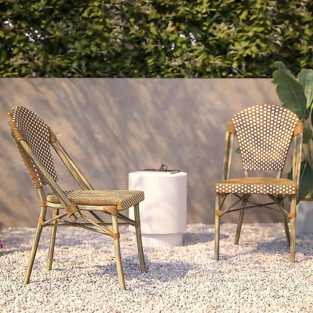 Alamont Home - Lourdes 2 Pack All-Weather Commercial Paris Chairs with Bamboo Print Frame - Natural & White/Light Natural Frame