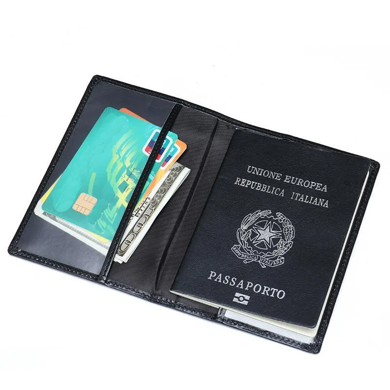 Black Genuine Leather Bifold Durable Passport Holder Card Holder Ticket Holder