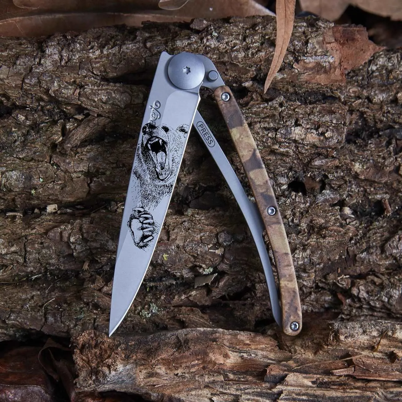 Brown Camo Wood and Grizzly Bear Ornate Decorative Pocket Knife