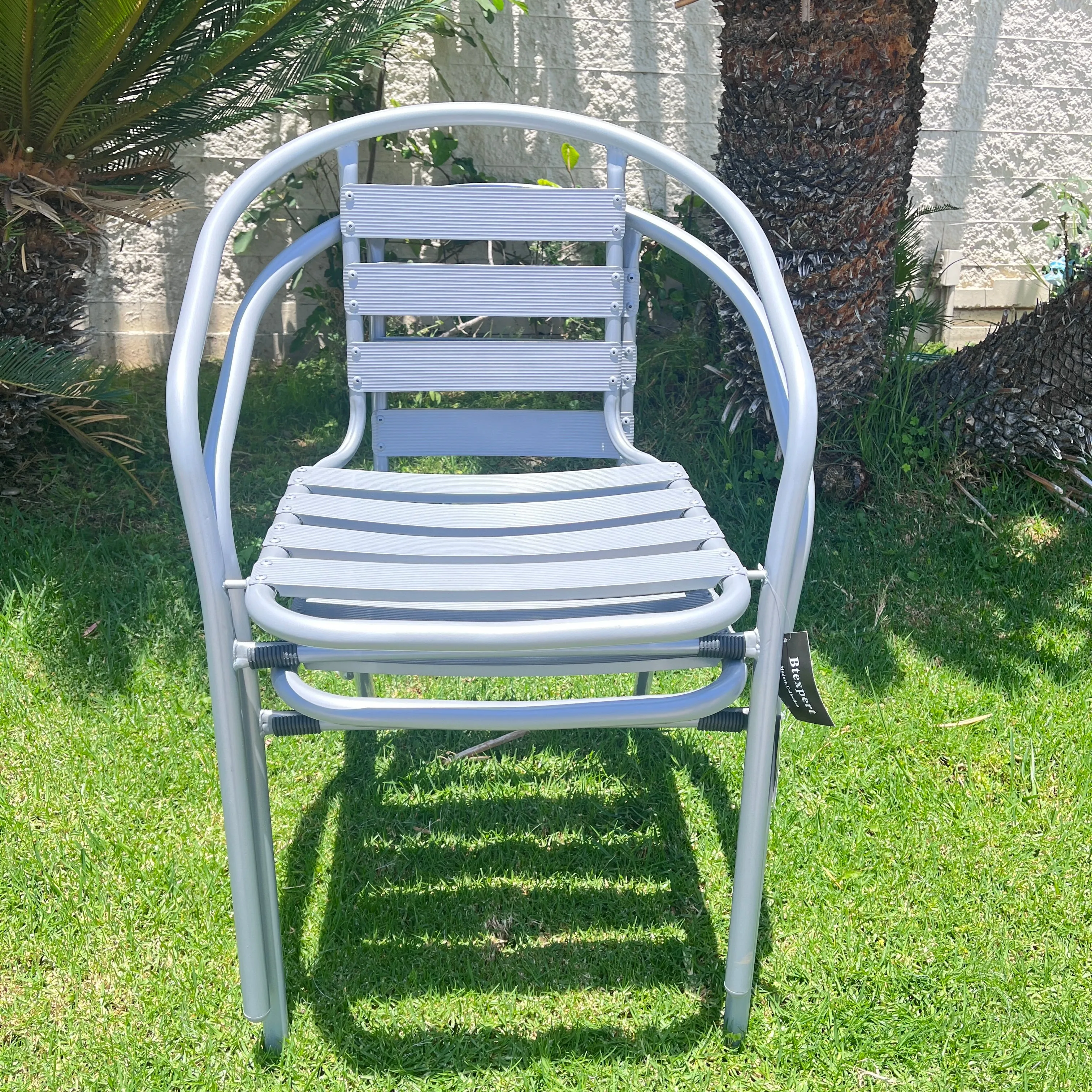 BTExpert Indoor Outdoor Set of 5 Silver Gray Restaurant Metal Aluminum Slat Stack Chairs Lightweight