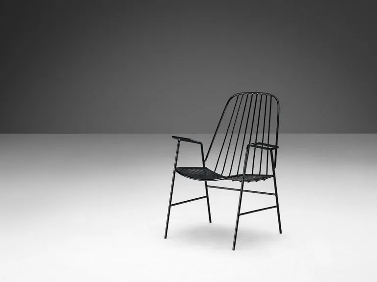 French Pair of Patio Chairs in Black Lacquered Iron