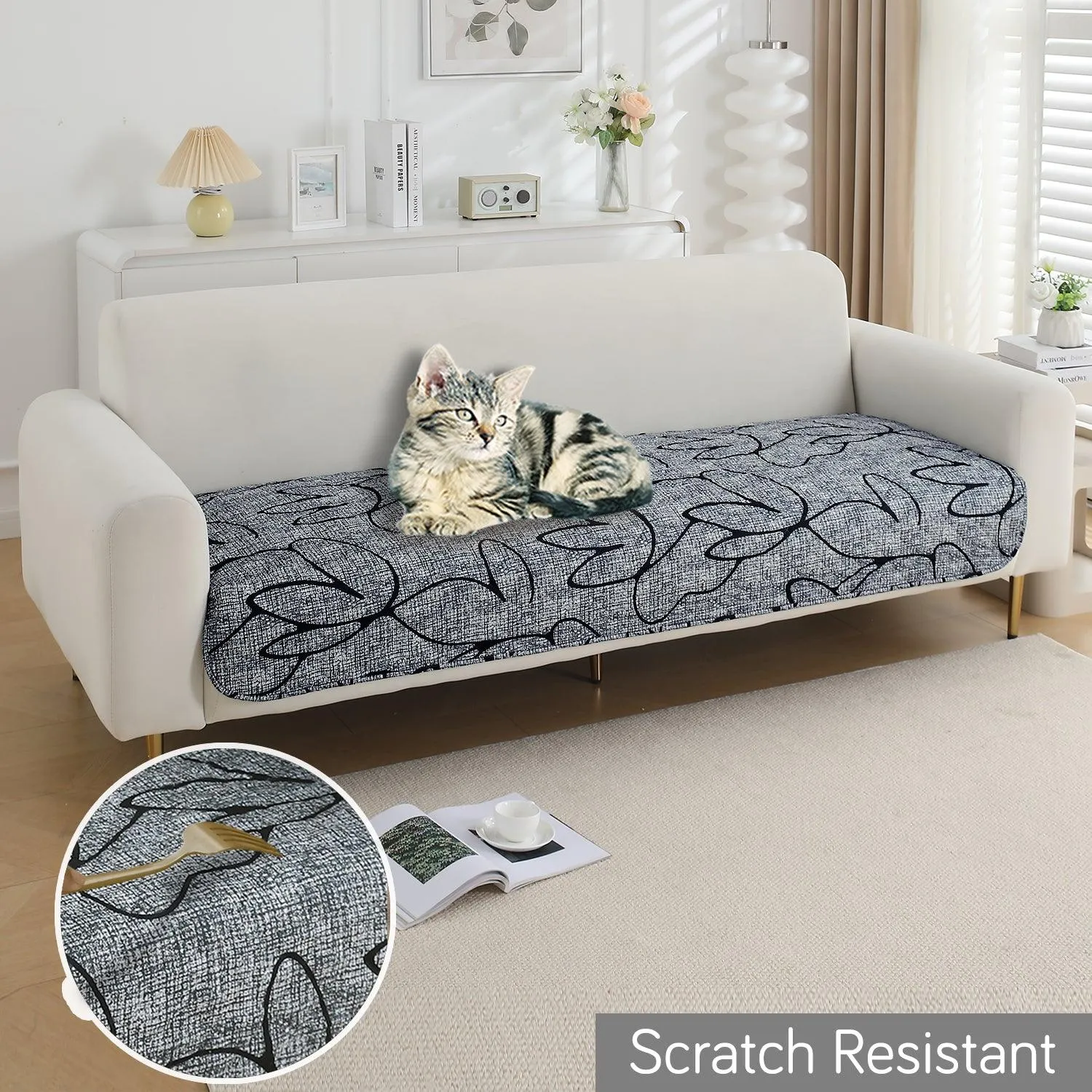 HOKIPO Water Repellent Sofa Seat Mat for 1/2/3 Seater - Intense Grey Abstract Floral