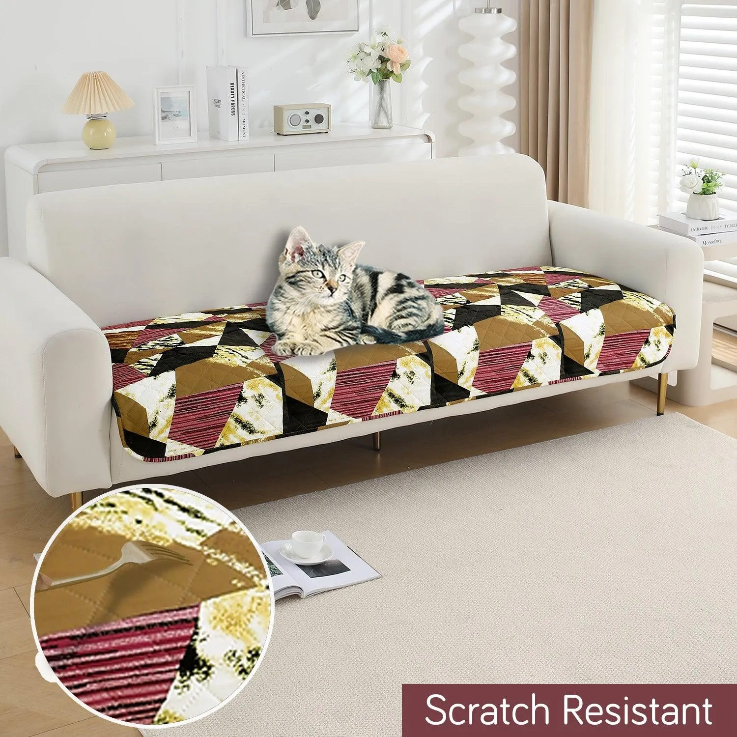 HOKIPO Water Repellent Sofa Seat Mat for 1/2/3 Seater - Wine Abstract Geometry