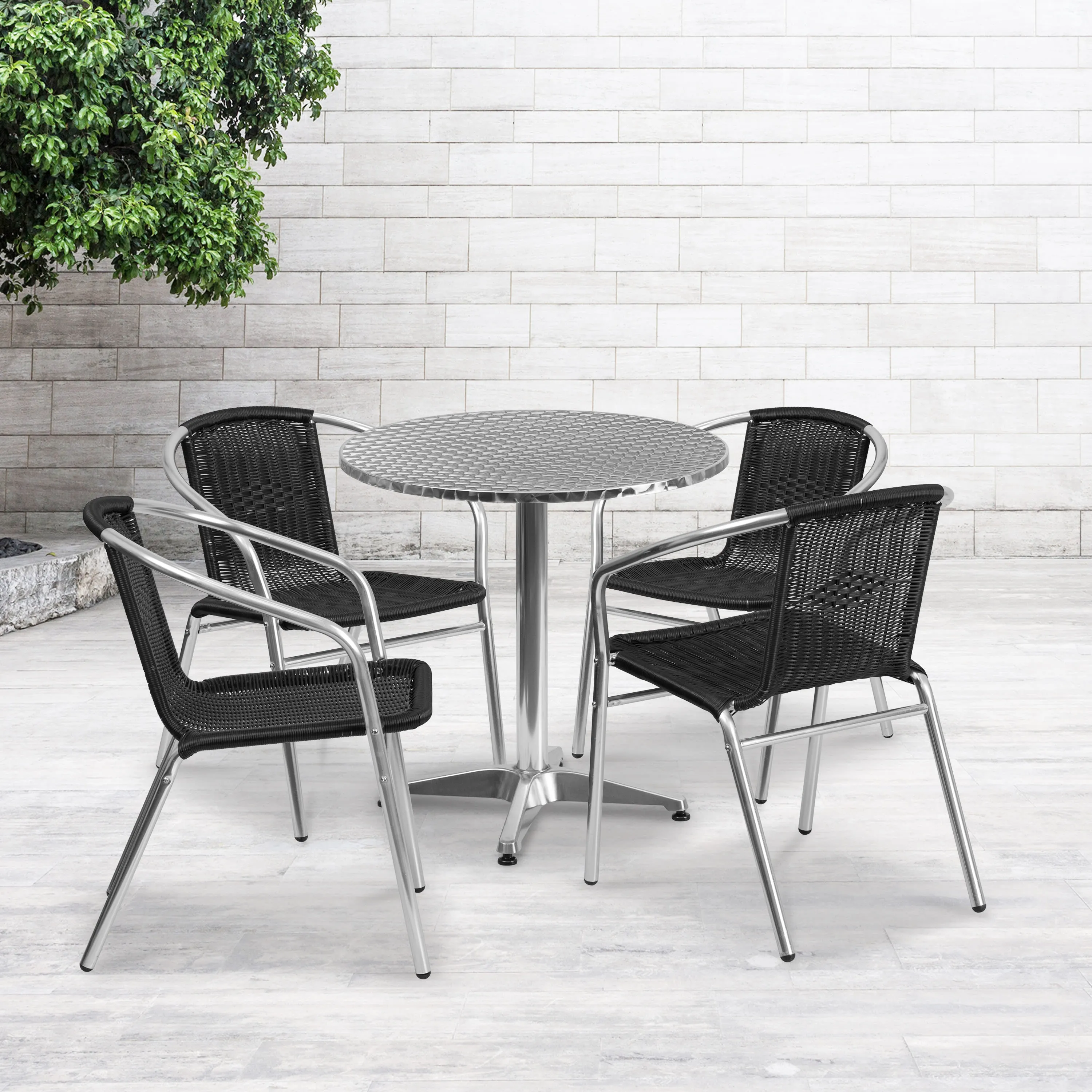 Lila 27.5'' Round Aluminum Indoor-Outdoor Table Set with 4 Rattan Chairs