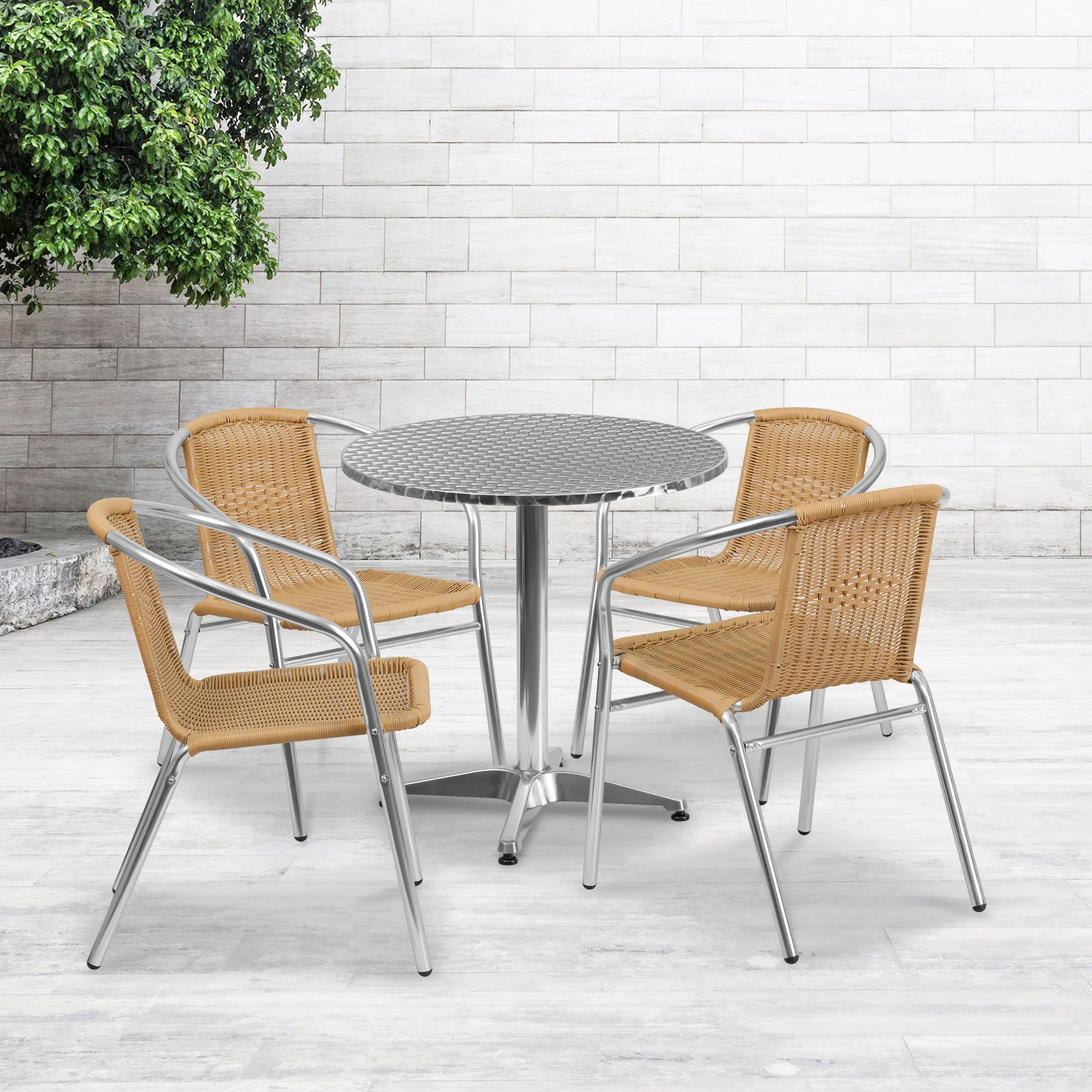 Lila 27.5'' Round Aluminum Indoor-Outdoor Table Set with 4 Rattan Chairs