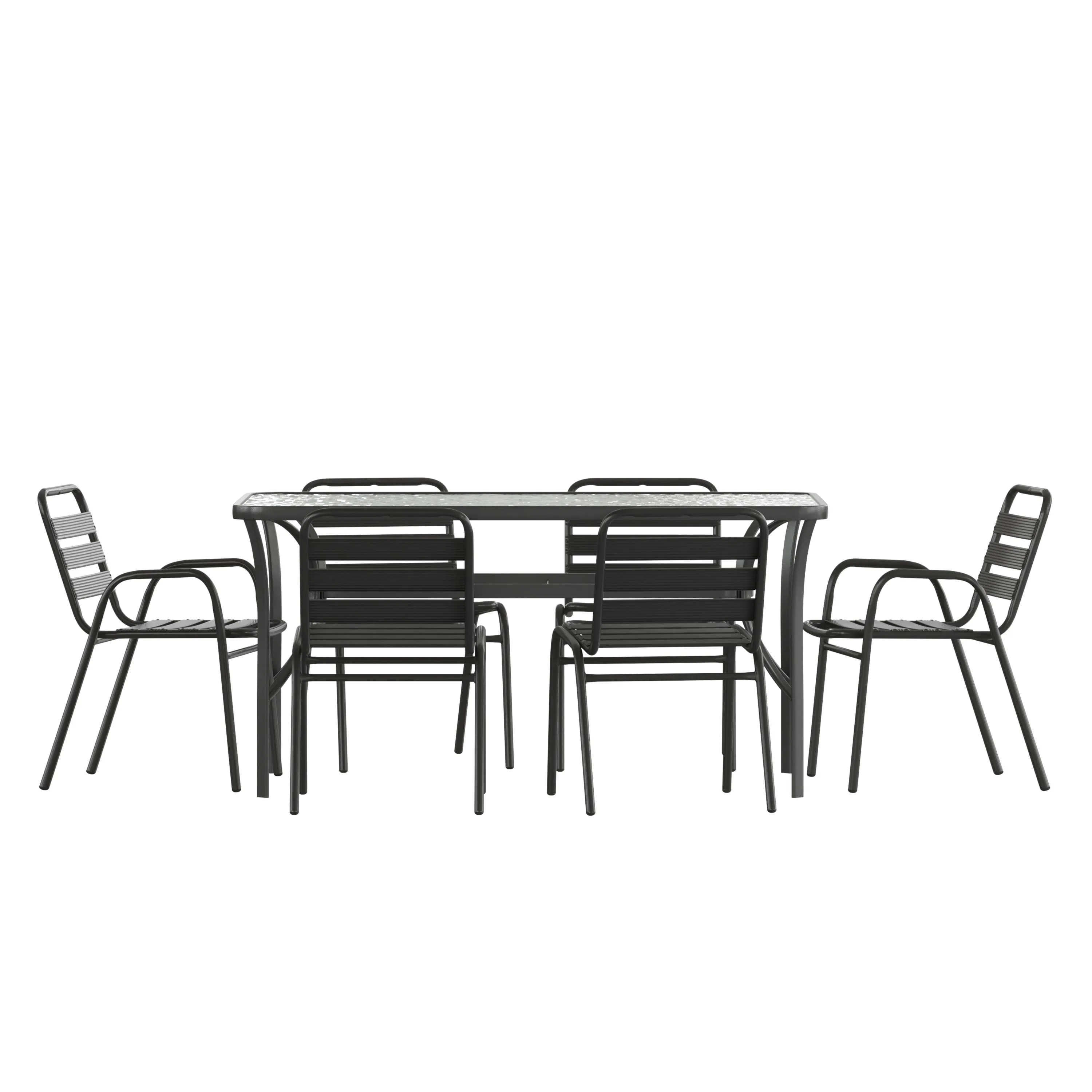 Lila 7 Piece Commercial Outdoor Patio Dining Set with Glass Patio Table, 4 Triple Slat Chairs, and 2 Triple Slat Chairs with Arms