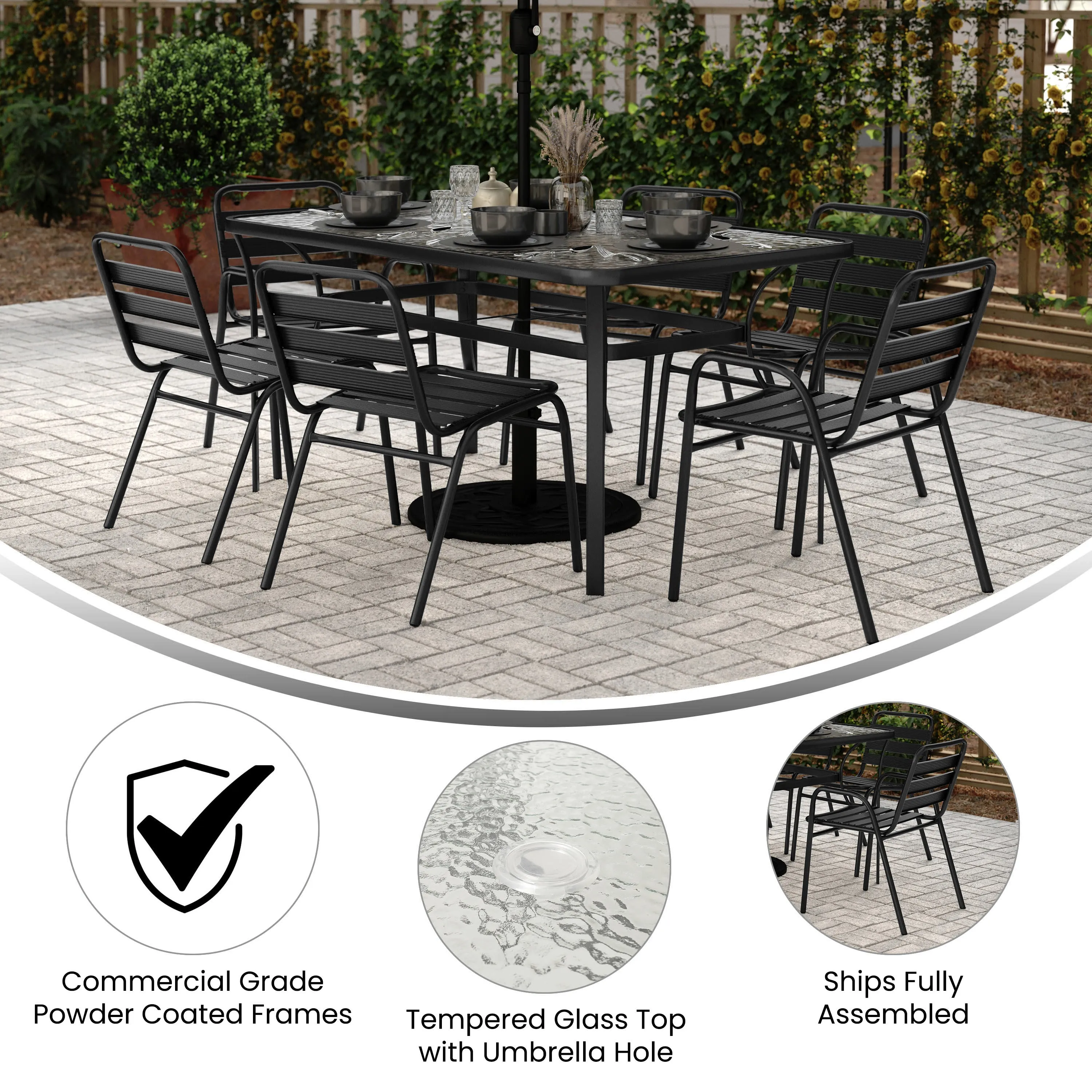 Lila 7 Piece Commercial Outdoor Patio Dining Set with Glass Patio Table, 4 Triple Slat Chairs, and 2 Triple Slat Chairs with Arms