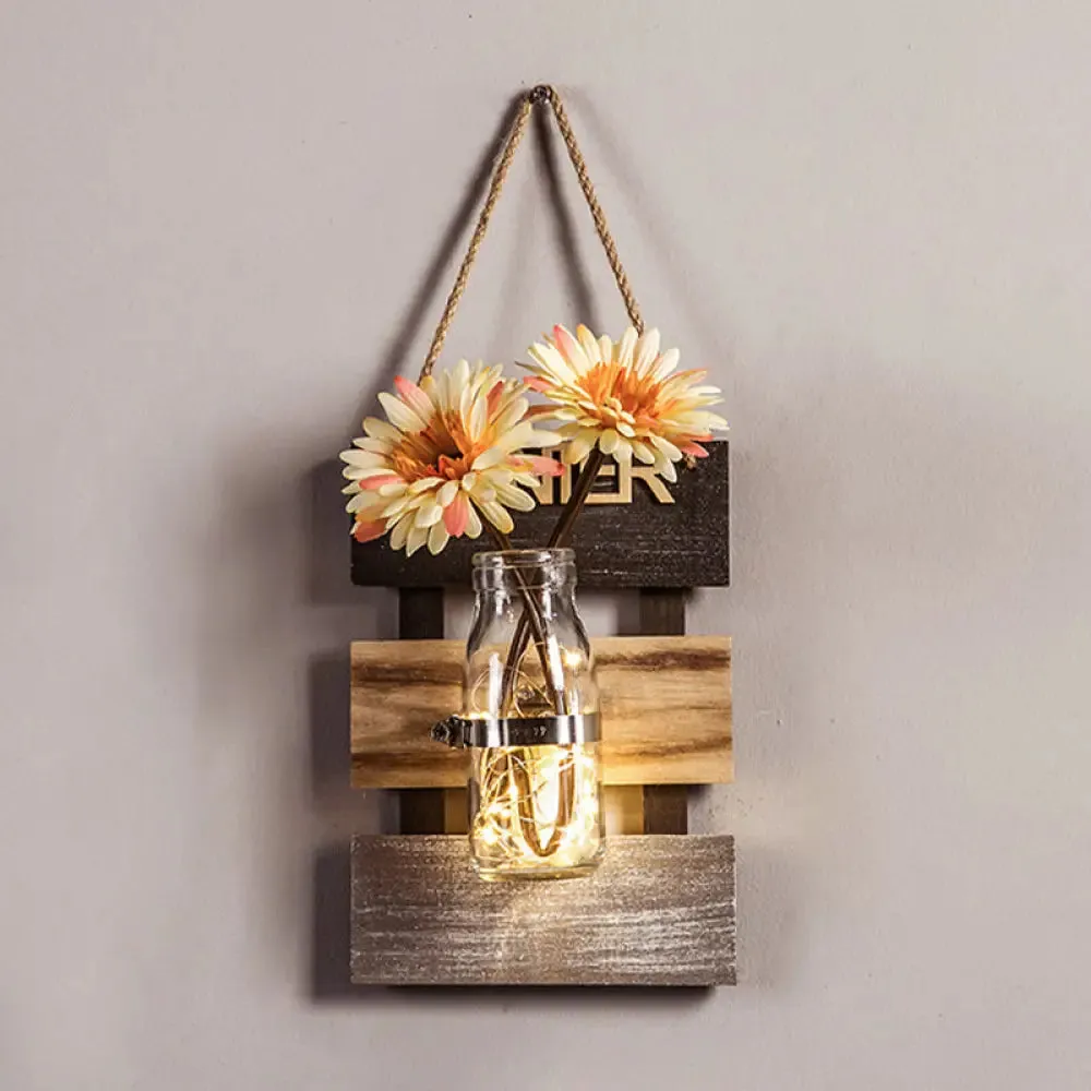 Nordic Flower Accent String Light: Tea Shop Clear Glass Jar Wall Lamp (Pink/White/Yellow)