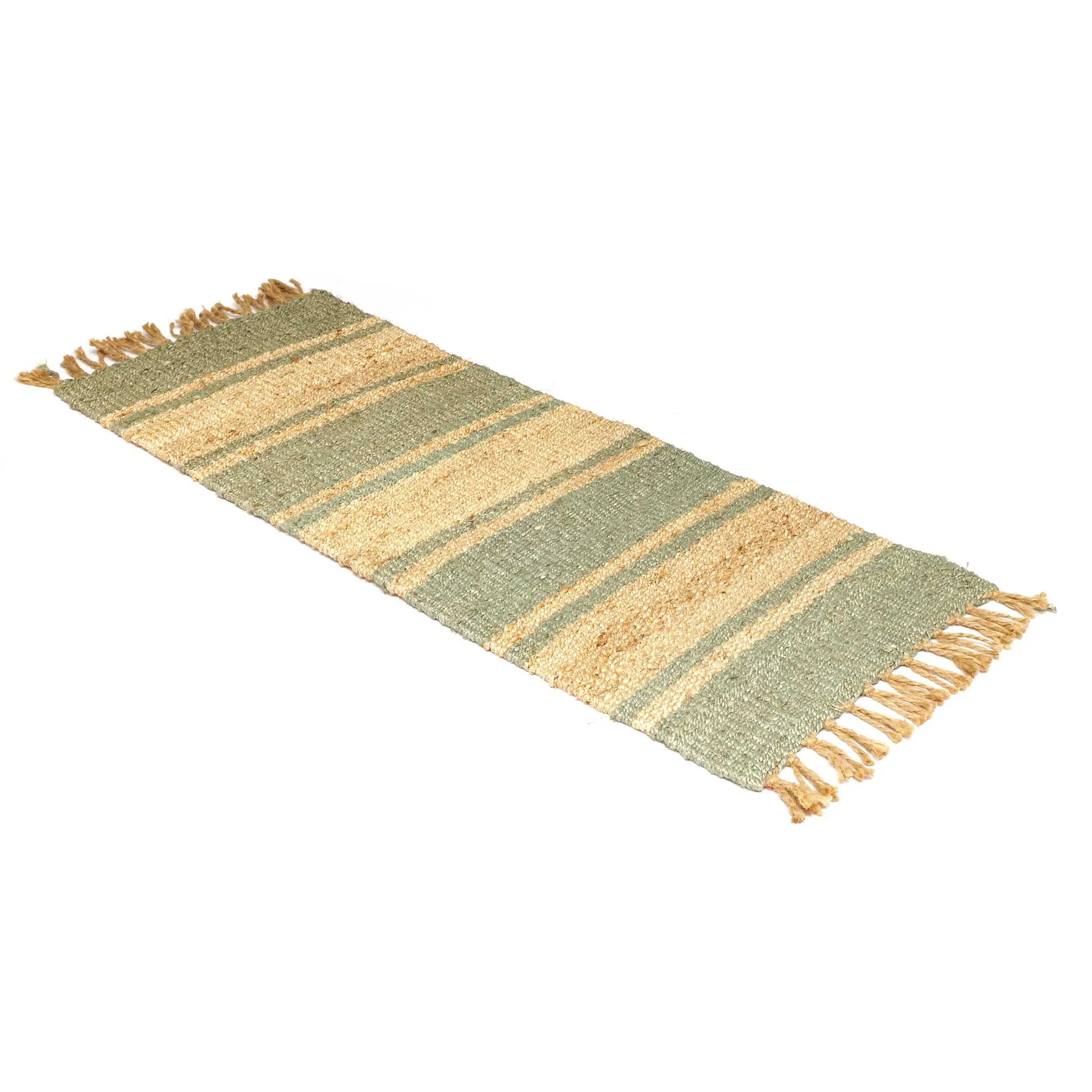 OnlyMat Pasha Luxe Rug - Handwoven Organic Jute - Flatweave with Fringes - Natural and Pastel Green - Runner Carpet