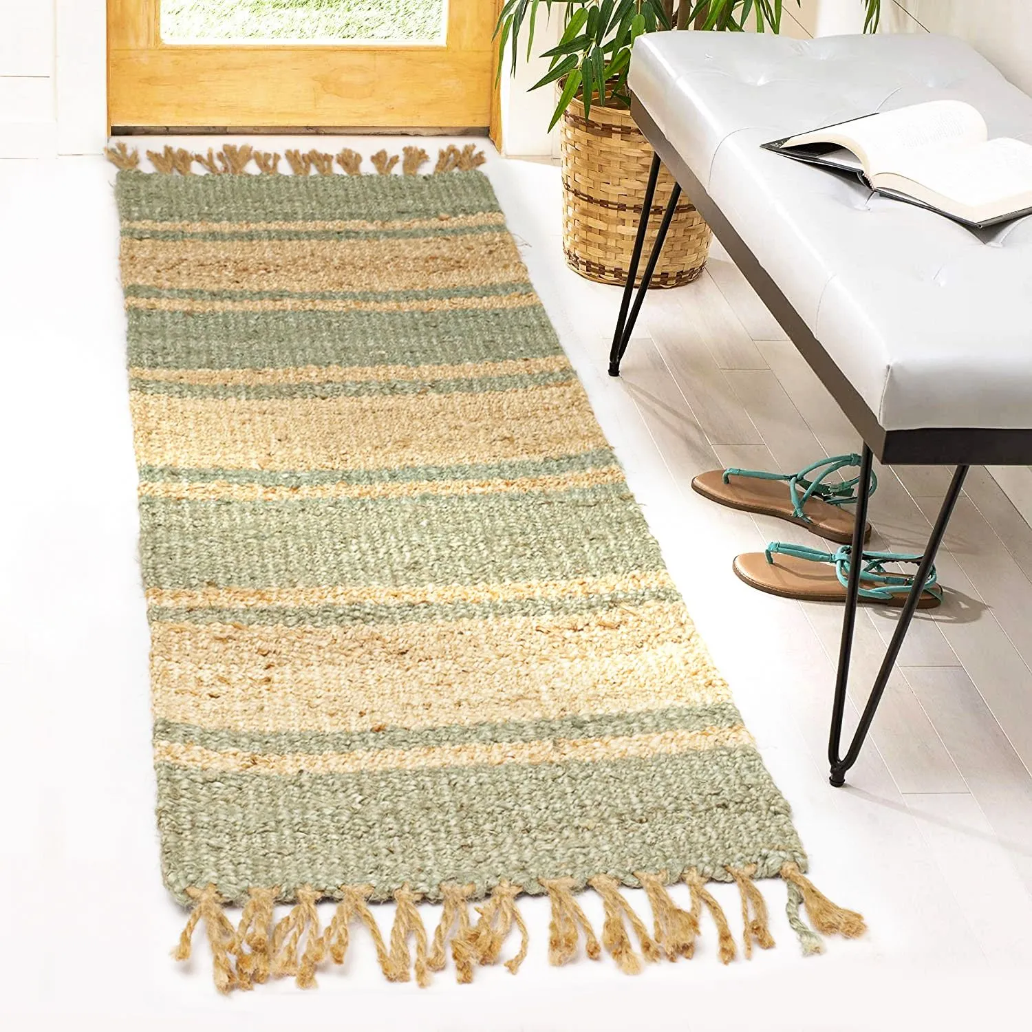 OnlyMat Pasha Luxe Rug - Handwoven Organic Jute - Flatweave with Fringes - Natural and Pastel Green - Runner Carpet