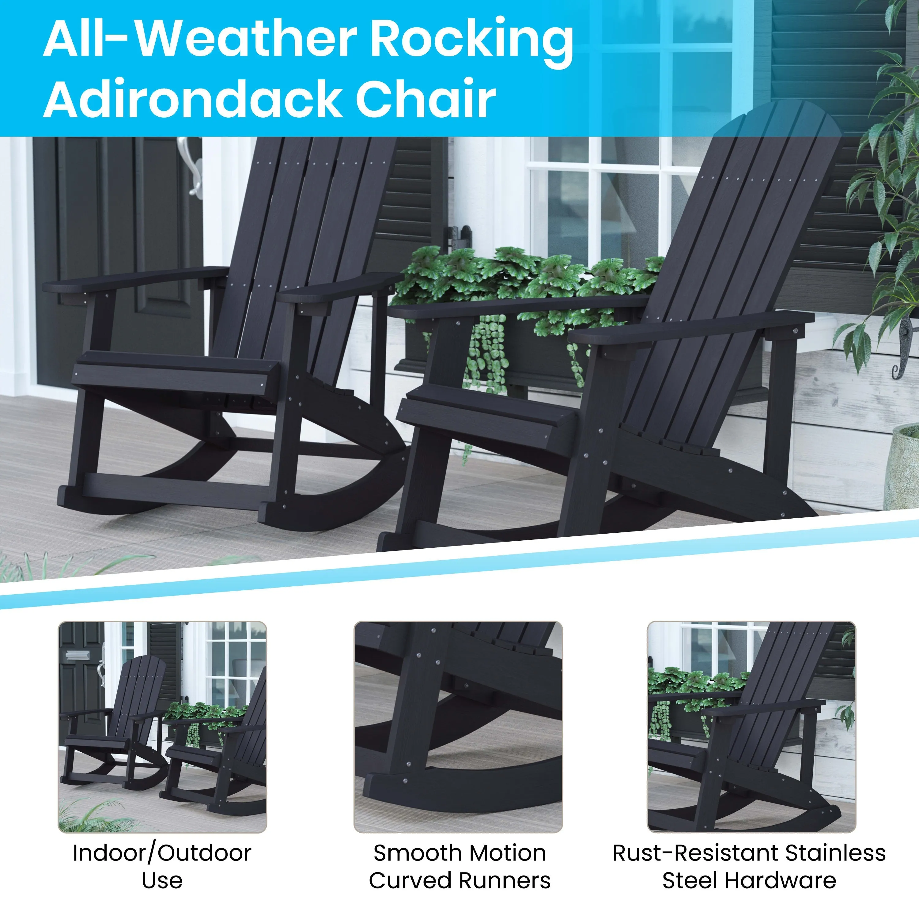 Savannah Set of 4 All-Weather Poly Resin Wood Adirondack Rocking Chairs with 22" Round Wood Burning Fire Pit