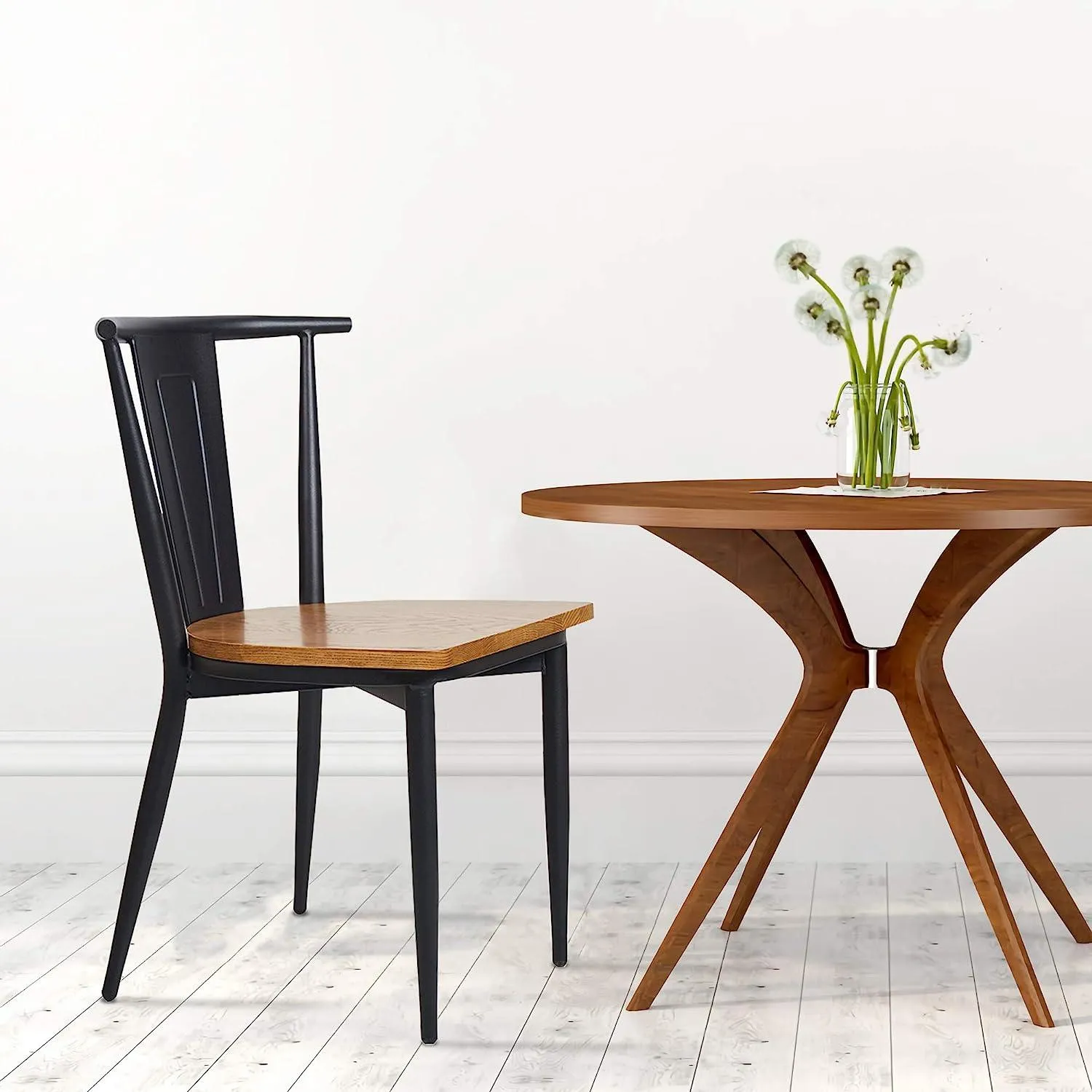 Set of 2 Kitchen Dining Chairs with Wood Seat Stackable Metal Chair Fully Assembled, Vintage Back