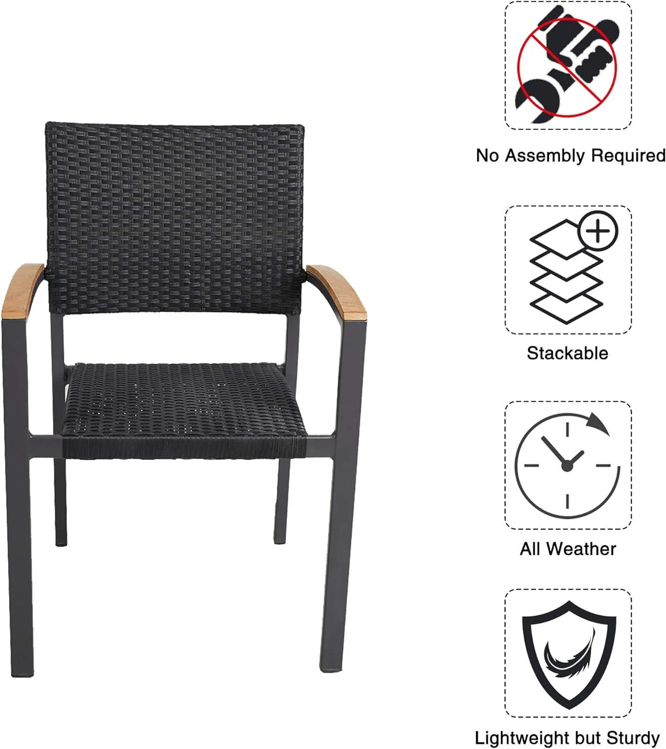 Set of 4 Patio Stackable Wicker Dining Chairs Outdoor Wicker Chairs with PE Rattan Aluminum Frame, Black