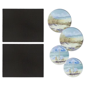 SM1417BLX25138 6 Piece Set: 2-Pack 14 x 17-Inch Black Matte Counter Mat and 4-Pack Seaside Retreat Burner Covers