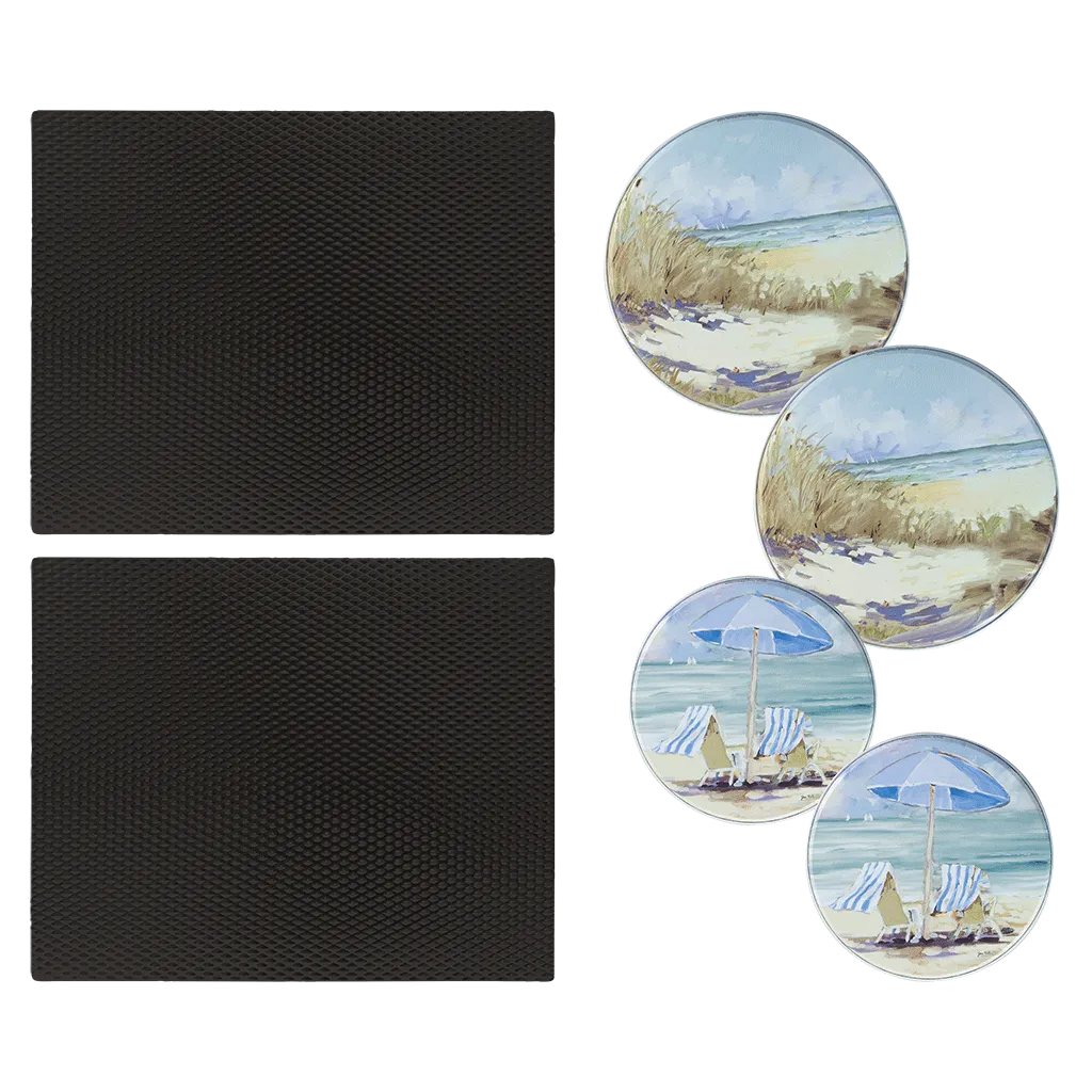 SM1417BLX25138 6 Piece Set: 2-Pack 14 x 17-Inch Black Matte Counter Mat and 4-Pack Seaside Retreat Burner Covers