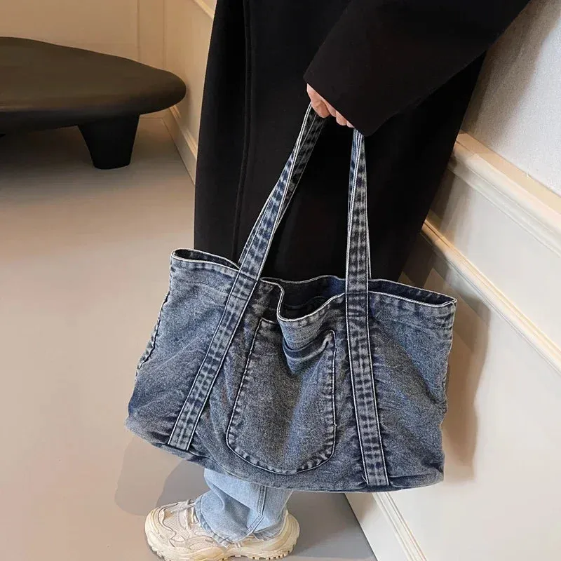 Sohiwoo Advanced Feeling Leisure Versatile Tote Bags Durable Sturdy Simplicity The Single Shoulder Bag Hot Sale Large Capacity Denim Bag