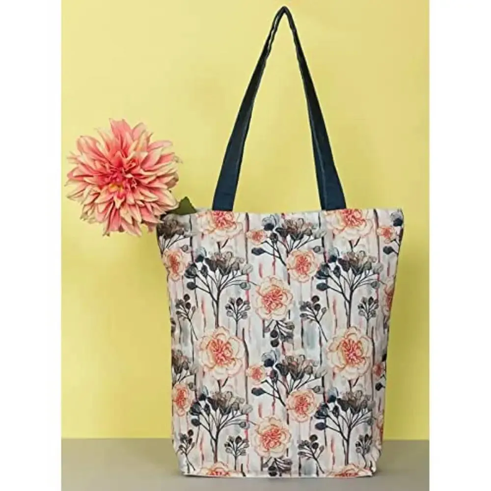 Tikuli Polyester Durable Canvas Large Size Printed Tote Bag for Women with ZIP (Beige Multi -2)