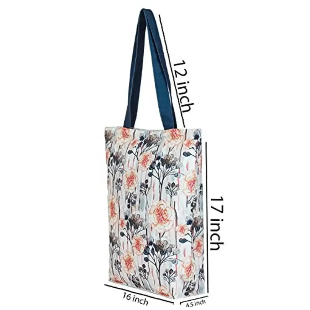 Tikuli Polyester Durable Canvas Large Size Printed Tote Bag for Women with ZIP (Beige Multi -2)