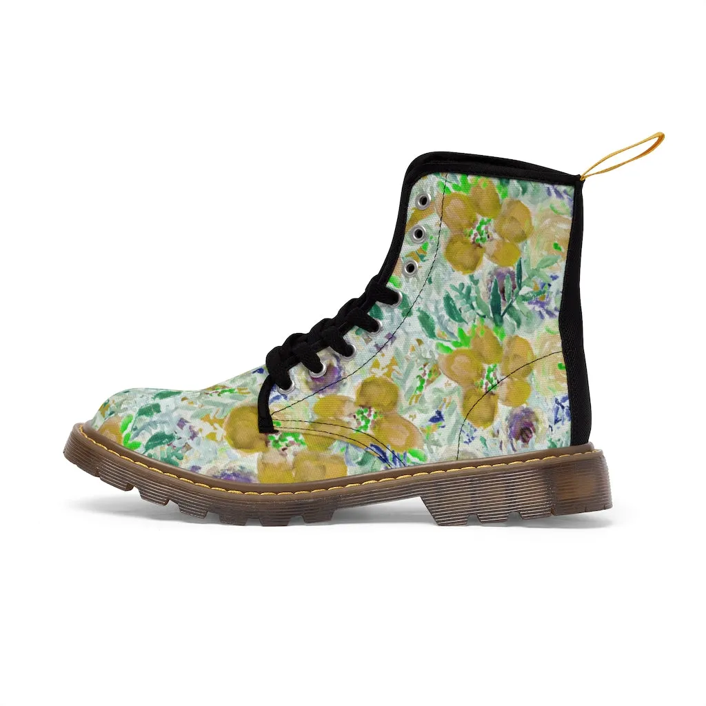 Yellow Floral Print Men's Boots, Best Hiking Winter Boots Laced Up Luxury Shoes For Men