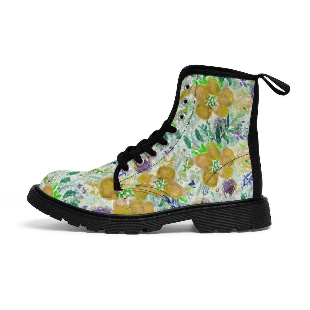 Yellow Floral Print Men's Boots, Best Hiking Winter Boots Laced Up Luxury Shoes For Men